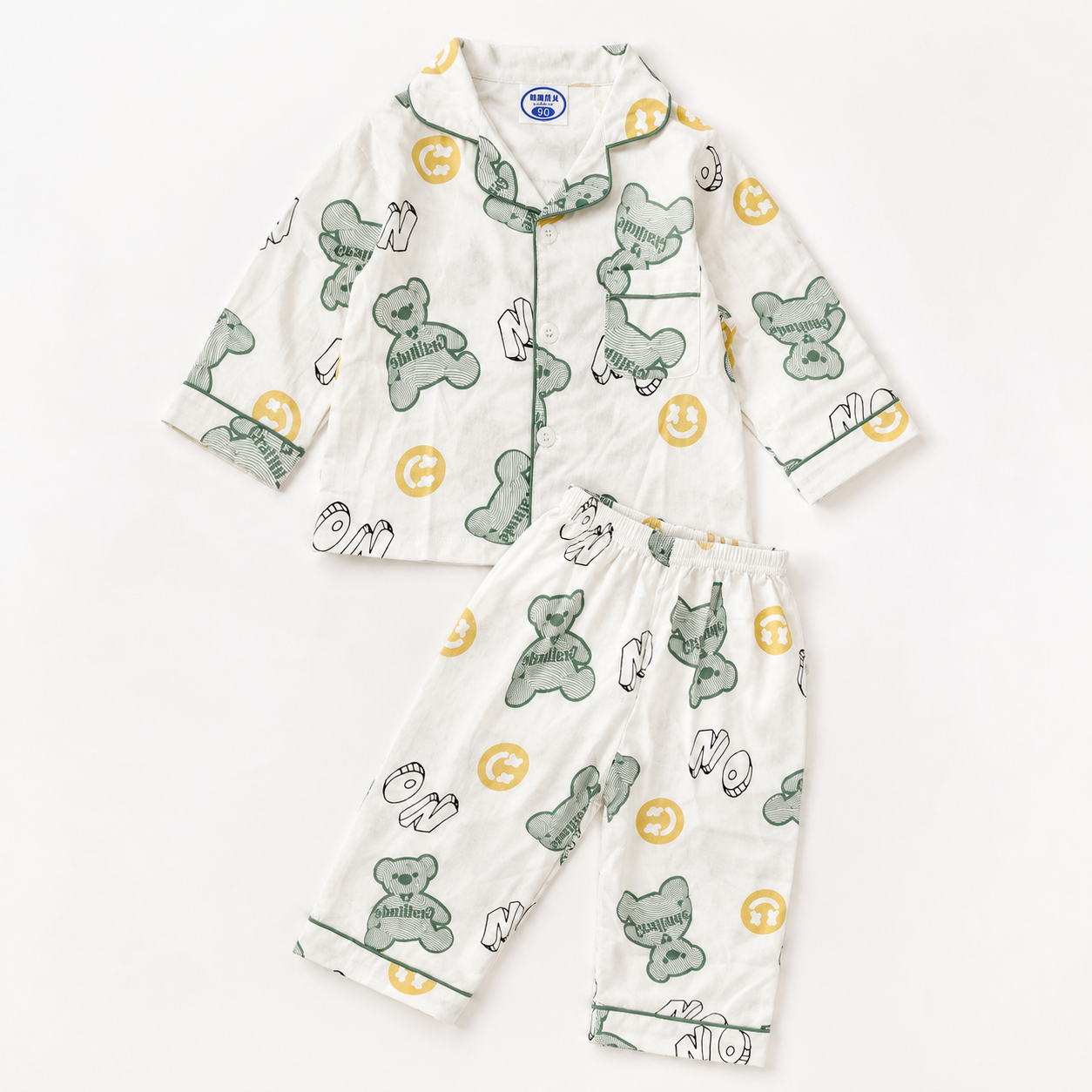 Smile Baby Boys Pajama Set | Graffiti Teddy Bear Print Notch Collar Sleepwear | Soft Paper Cotton Nightwear | Sizes 18 Months to 10 Years