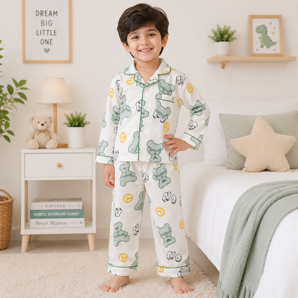 Smile Baby Boys Pajama Set | Graffiti Teddy Bear Print Notch Collar Sleepwear | Soft Paper Cotton Nightwear | Sizes 18 Months to 10 Years