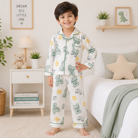 Smile Baby Boys Pajama Set | Graffiti Teddy Bear Print Notch Collar Sleepwear | Soft Paper Cotton Nightwear | Sizes 18 Months to 10 Years
