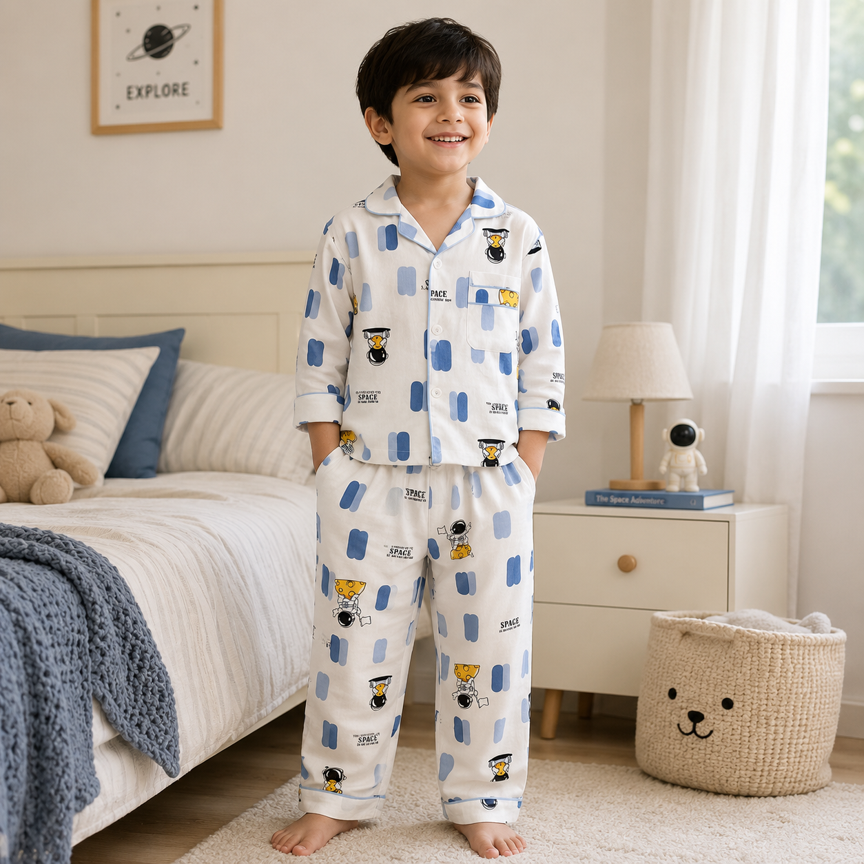 Smile Baby Boys Pajama Set | Space Astronaut Print Notch Collar Sleepwear | Soft Paper Cotton Nightwear | Sizes 18 Months to 10 Years