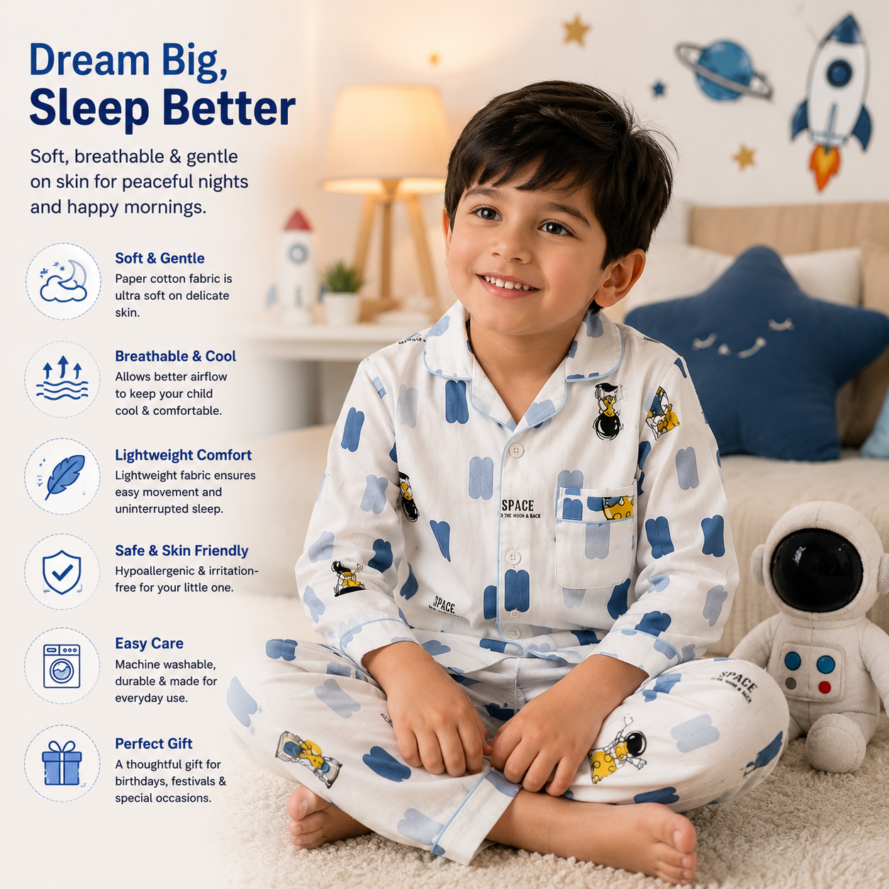 Smile Baby Boys Pajama Set | Space Astronaut Print Notch Collar Sleepwear | Soft Paper Cotton Nightwear | Sizes 18 Months to 10 Years