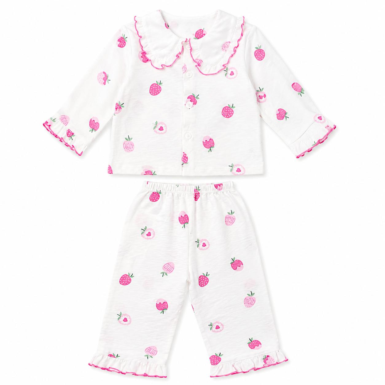 Smile Baby Girls Cotton Night Suit | Cute Strawberry Print Pyjama Set | Double Ruffle Collar | Soft Paper Cotton Fabric | 18 Months to 10 Years