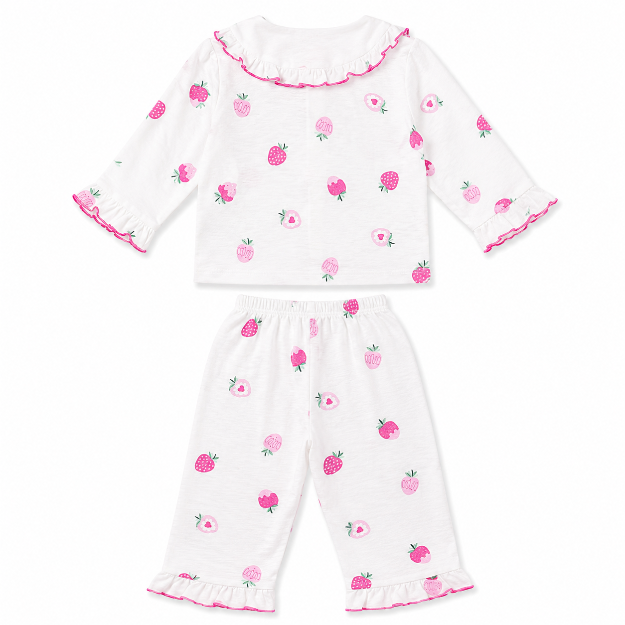Smile Baby Girls Cotton Night Suit | Cute Strawberry Print Pyjama Set | Double Ruffle Collar | Soft Paper Cotton Fabric | 18 Months to 10 Years
