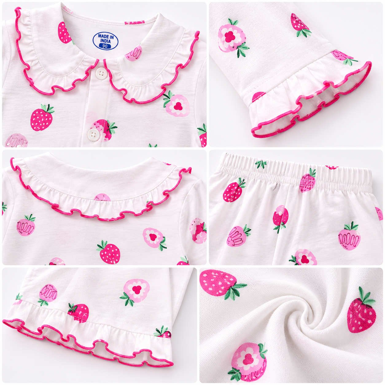 Smile Baby Girls Cotton Night Suit | Cute Strawberry Print Pyjama Set | Double Ruffle Collar | Soft Paper Cotton Fabric | 18 Months to 10 Years