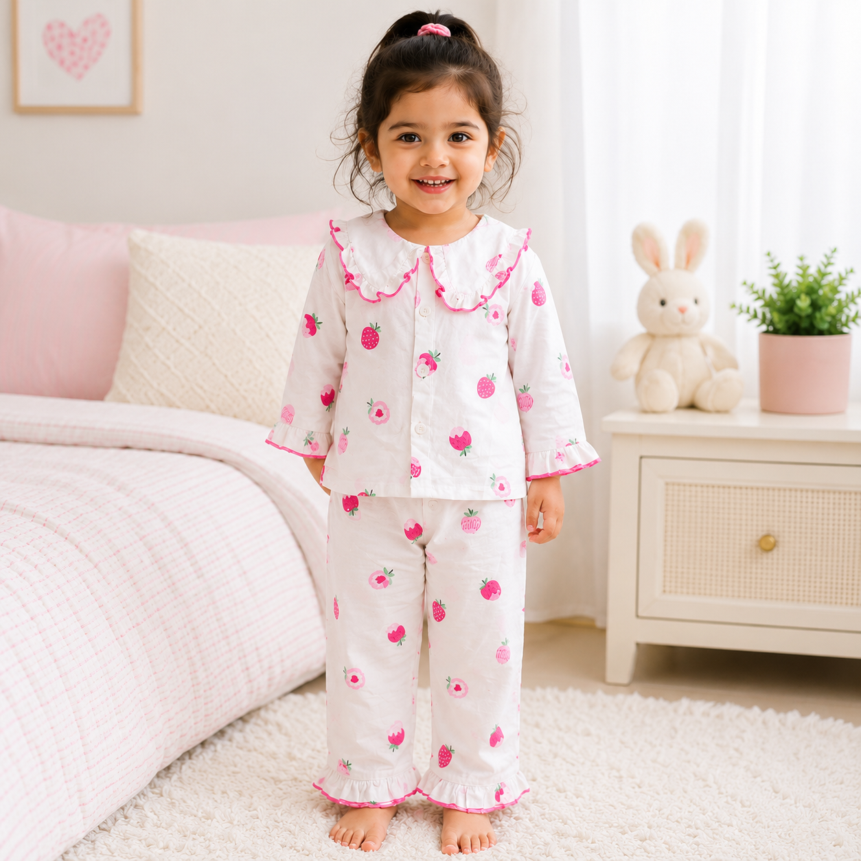 Smile Baby Girls Cotton Night Suit | Cute Strawberry Print Pyjama Set | Double Ruffle Collar | Soft Paper Cotton Fabric | 18 Months to 10 Years