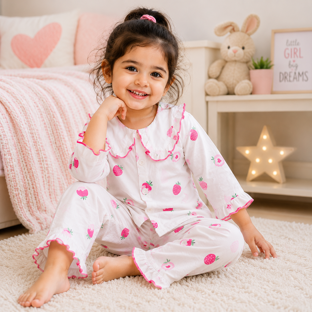 Smile Baby Girls Cotton Night Suit | Cute Strawberry Print Pyjama Set | Double Ruffle Collar | Soft Paper Cotton Fabric | 18 Months to 10 Years