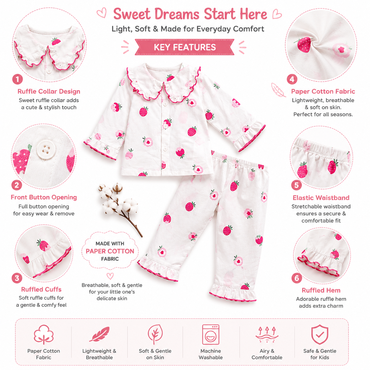 Smile Baby Girls Cotton Night Suit | Cute Strawberry Print Pyjama Set | Double Ruffle Collar | Soft Paper Cotton Fabric | 18 Months to 10 Years