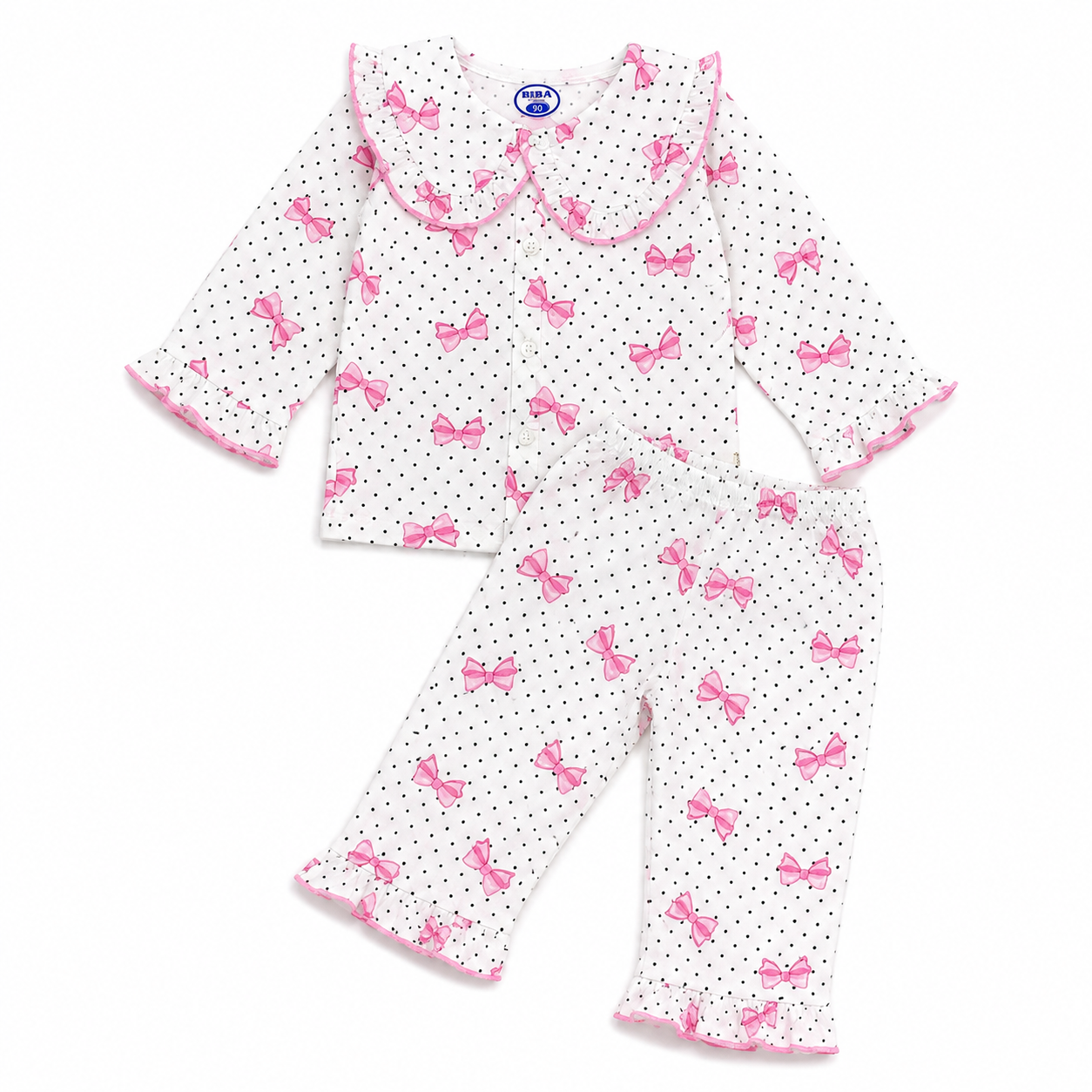 Smile Baby Girls Cotton Night Suit | Cute Pink Bow Print Polka Dot Pyjama Set | Peter Pan Ruffle Collar | Soft Paper Cotton Fabric | 18 Months to 10 Years