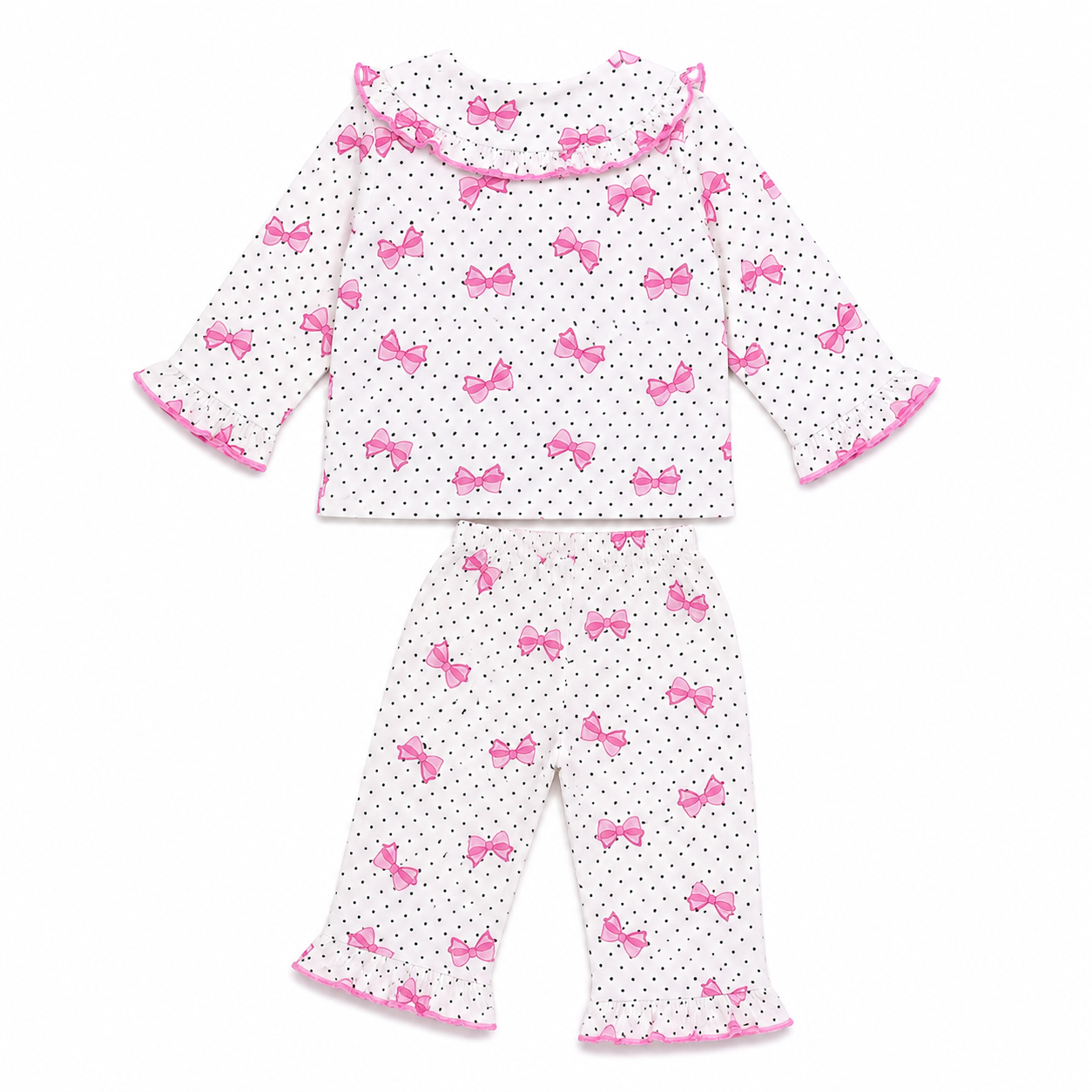 Smile Baby Girls Cotton Night Suit | Cute Pink Bow Print Polka Dot Pyjama Set | Peter Pan Ruffle Collar | Soft Paper Cotton Fabric | 18 Months to 10 Years