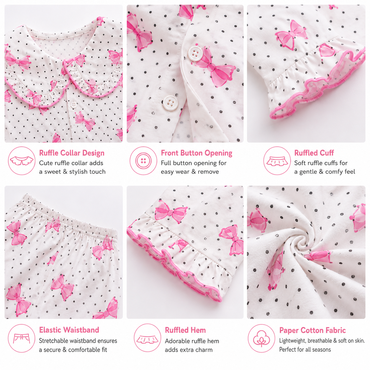 Smile Baby Girls Cotton Night Suit | Cute Pink Bow Print Polka Dot Pyjama Set | Peter Pan Ruffle Collar | Soft Paper Cotton Fabric | 18 Months to 10 Years