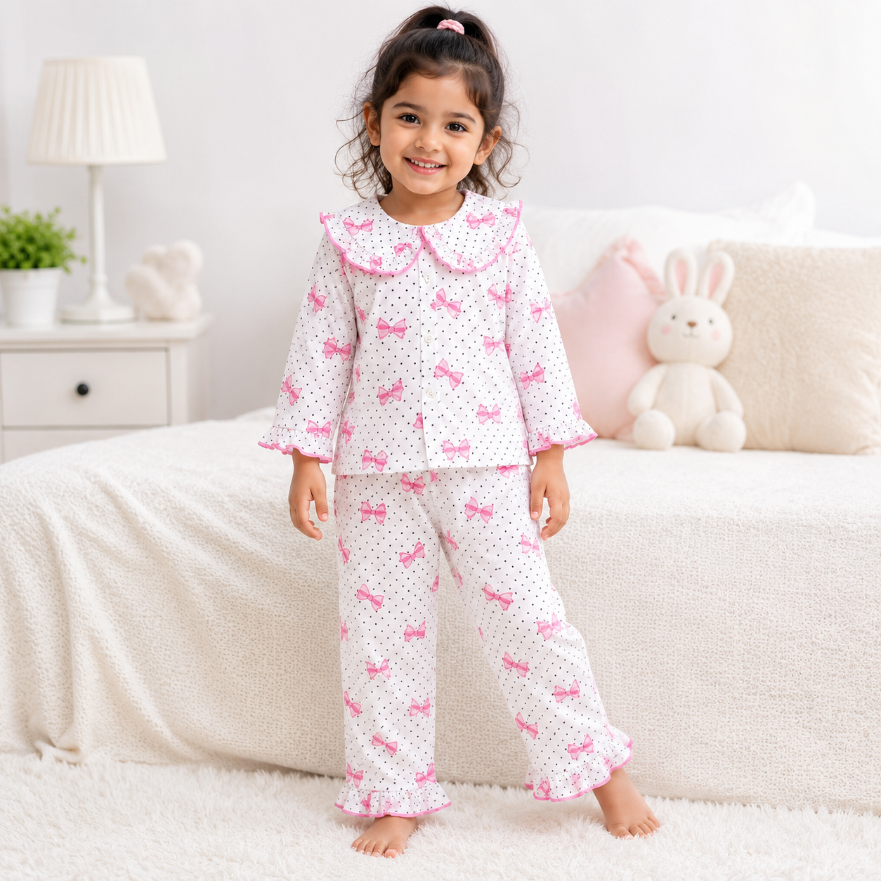 Smile Baby Girls Cotton Night Suit | Cute Pink Bow Print Polka Dot Pyjama Set | Peter Pan Ruffle Collar | Soft Paper Cotton Fabric | 18 Months to 10 Years