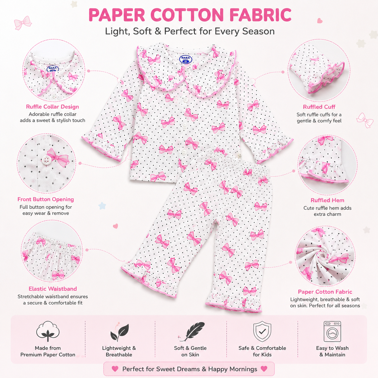 Smile Baby Girls Cotton Night Suit | Cute Pink Bow Print Polka Dot Pyjama Set | Peter Pan Ruffle Collar | Soft Paper Cotton Fabric | 18 Months to 10 Years