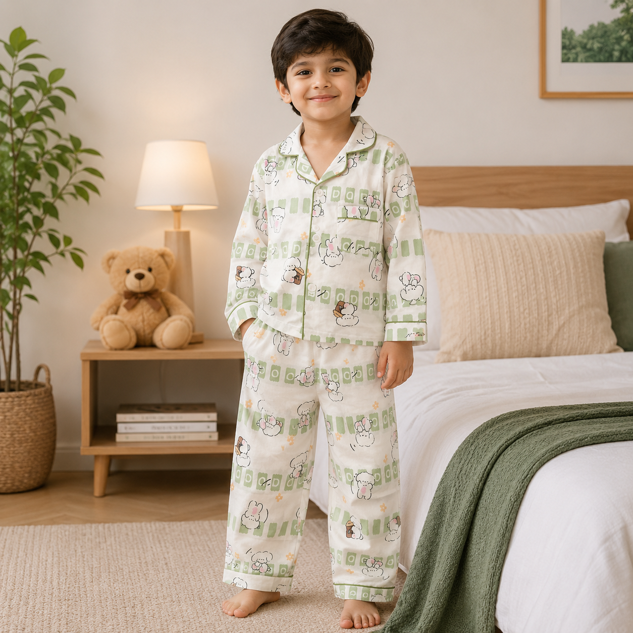 Smile Baby Kids Cotton Night Suit for Boys & Girls | Cute Bear Print Full Sleeve Top & Pyjama Set | Soft Paper Cotton Fabric | 18 Months to 10 Years | Cream Green