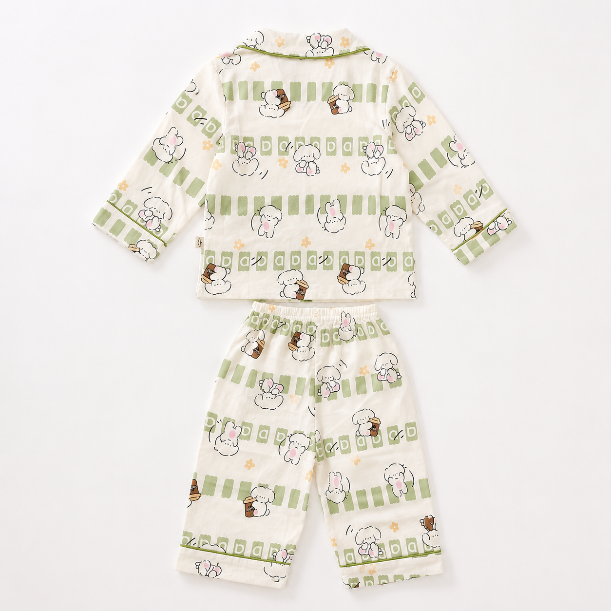 Smile Baby Kids Cotton Night Suit for Boys & Girls | Cute Bear Print Full Sleeve Top & Pyjama Set | Soft Paper Cotton Fabric | 18 Months to 10 Years | Cream Green
