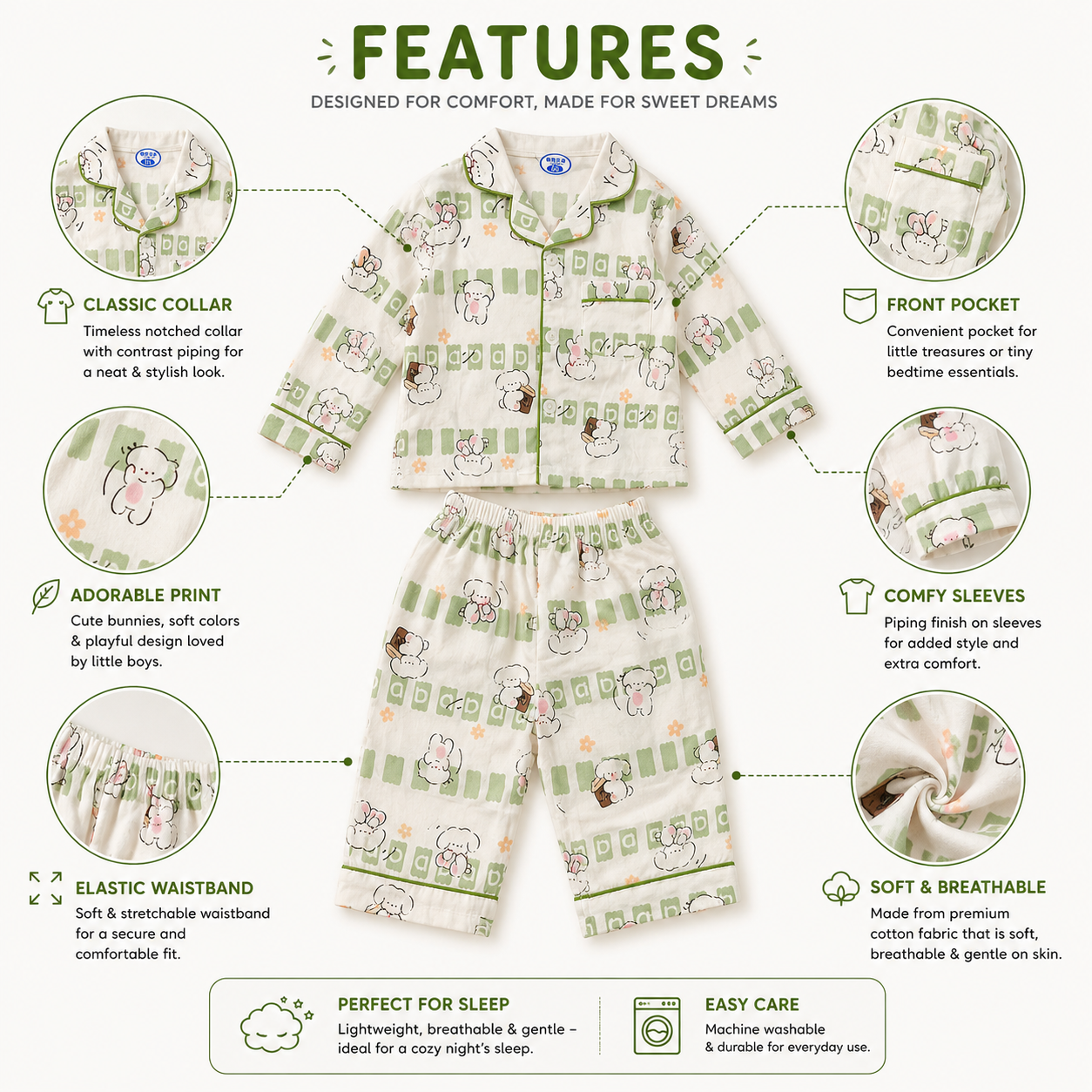 Smile Baby Kids Cotton Night Suit for Boys & Girls | Cute Bear Print Full Sleeve Top & Pyjama Set | Soft Paper Cotton Fabric | 18 Months to 10 Years | Cream Green