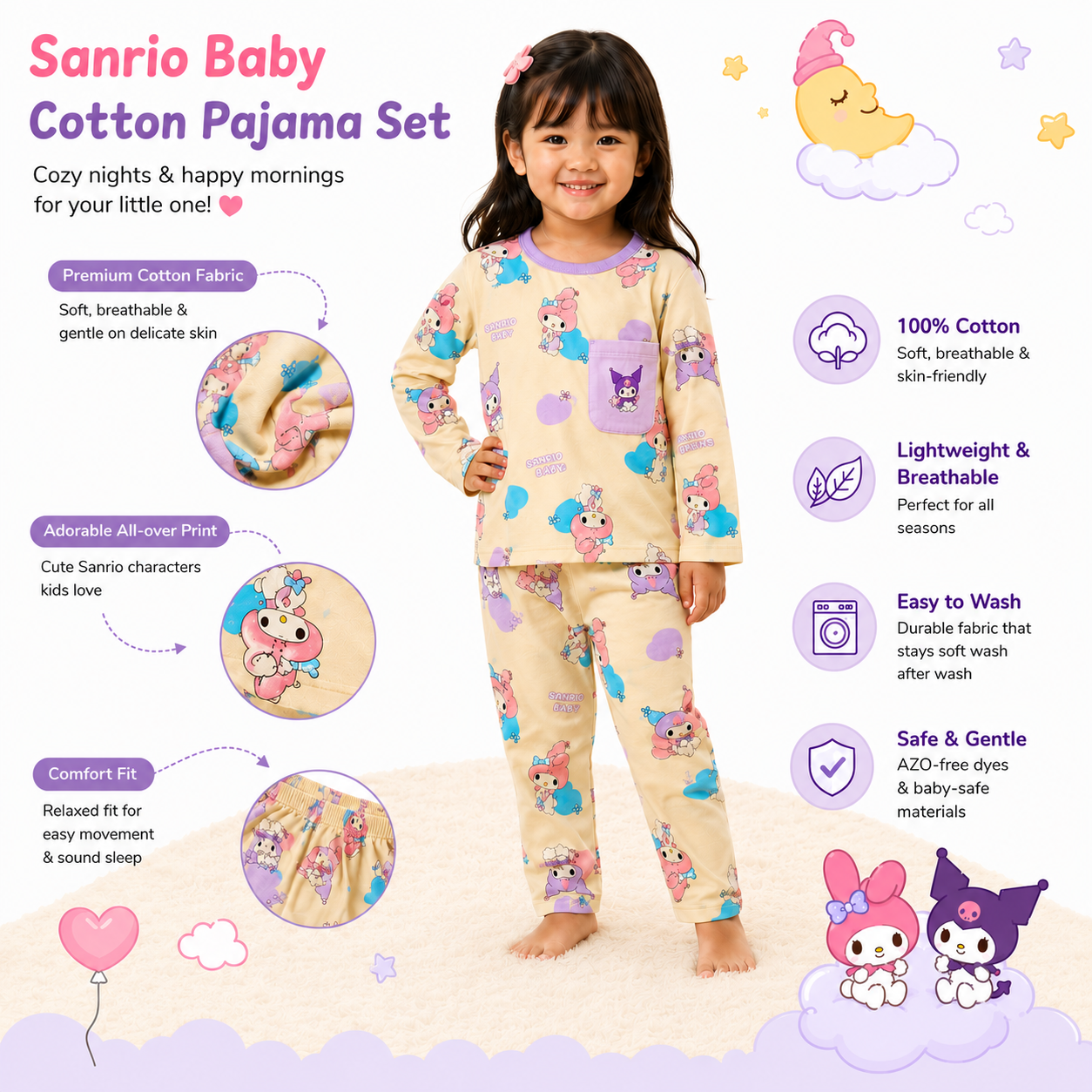 Smile Baby girls premium paper cotton pajama set infographic with Sanrio character print, breathable soft nightwear, comfortable fit for girls aged 18 months to 10 years