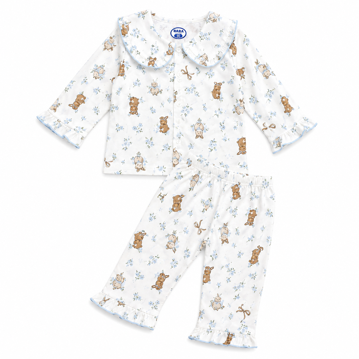 Smile Baby Girls Pajama Set | Bunny Bear Floral Print Peter Pan Collar Sleepwear | Soft Cotton 2-Piece Nightwear | Sizes 18 Months to 10 Years