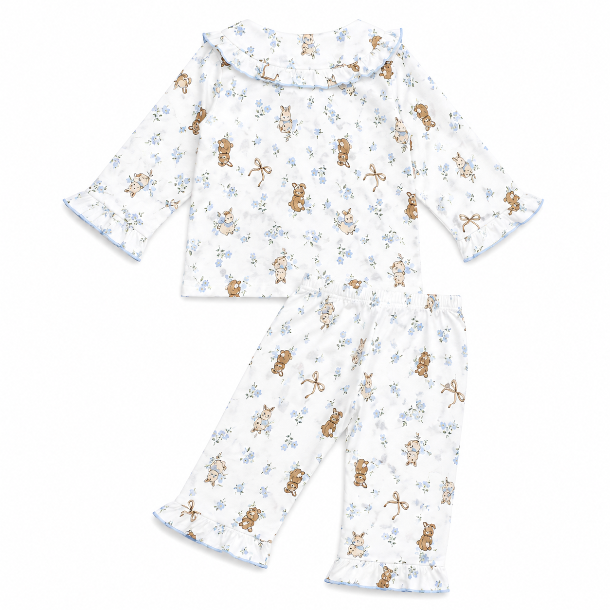 Smile Baby Girls Pajama Set | Bunny Bear Floral Print Peter Pan Collar Sleepwear | Soft Cotton 2-Piece Nightwear | Sizes 18 Months to 10 Years