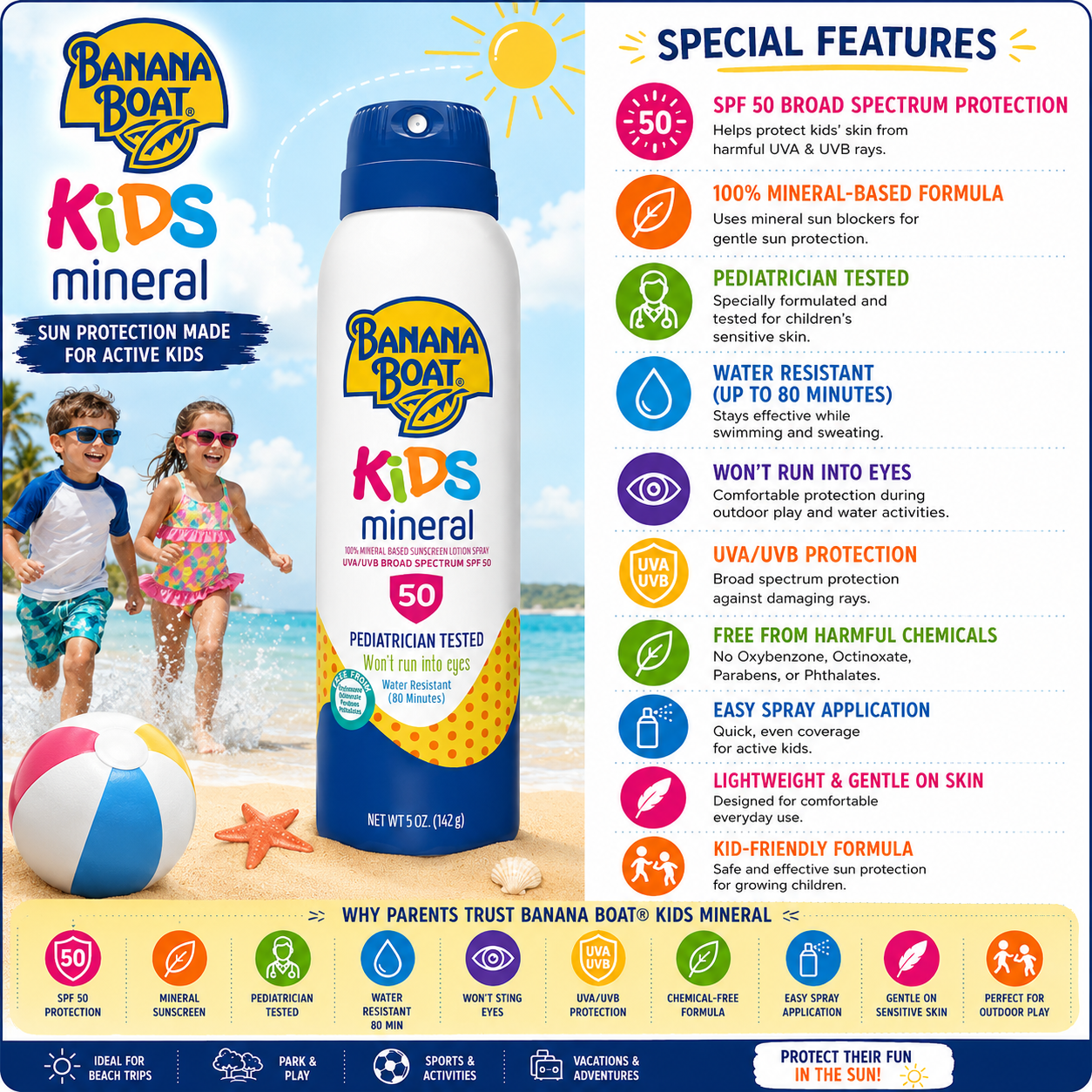 Banana Boat Kids Mineral Sunscreen Spray SPF 50 | Broad Spectrum UVA/UVB Protection | Pediatrician Tested | Water Resistant 80 Minutes | 5 oz (142g)