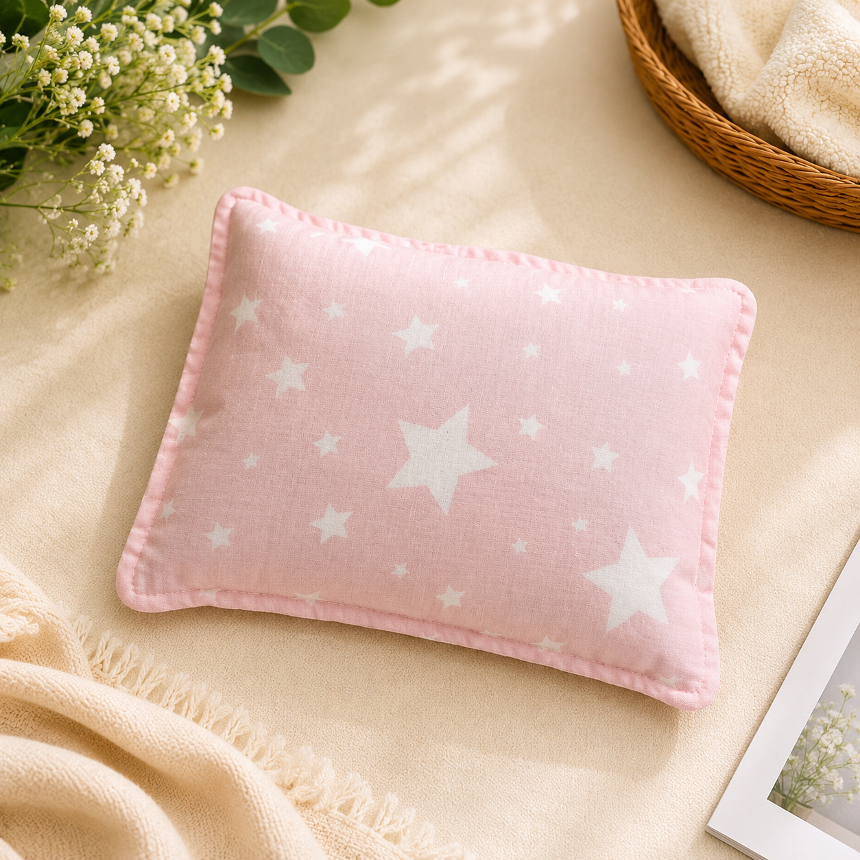 Smile Baby Mustard Pillow for Newborn Babies | Soft Cotton Mustard Seed Pillow | Pink Star Print | Breathable Head Support Pillow for Infants & Toddlers
