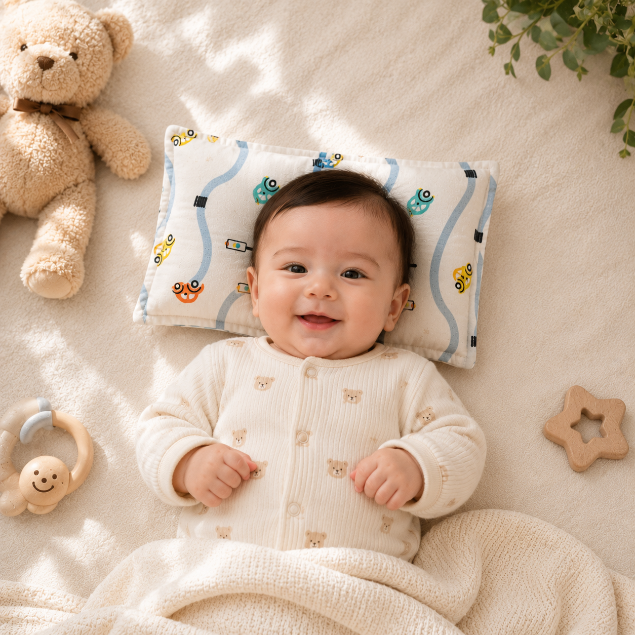Smile Baby Mustard Pillow for Newborn Babies | Soft Cotton Mustard Seed Pillow | Signal White Car Print | Breathable Baby Head Support Pillow for Infants & Toddlers