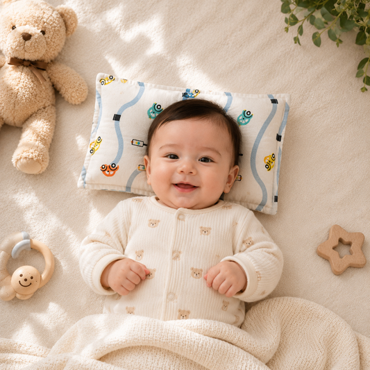 Smile Baby Mustard Pillow for Newborn Babies | Soft Cotton Mustard Seed Pillow | Signal White Car Print | Breathable Baby Head Support Pillow for Infants & Toddlers