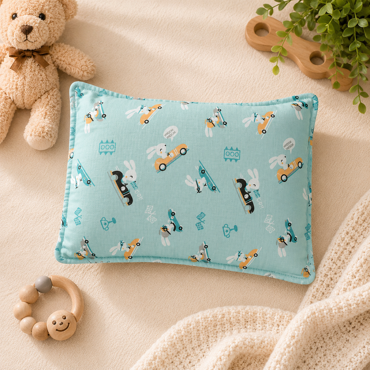 Smile Baby Mustard Pillow for Newborn & Infant Head Support | Soft Cotton Baby Pillow | Rabbit Car Print | Lightweight & Breathable Sleeping Pillow for Babies