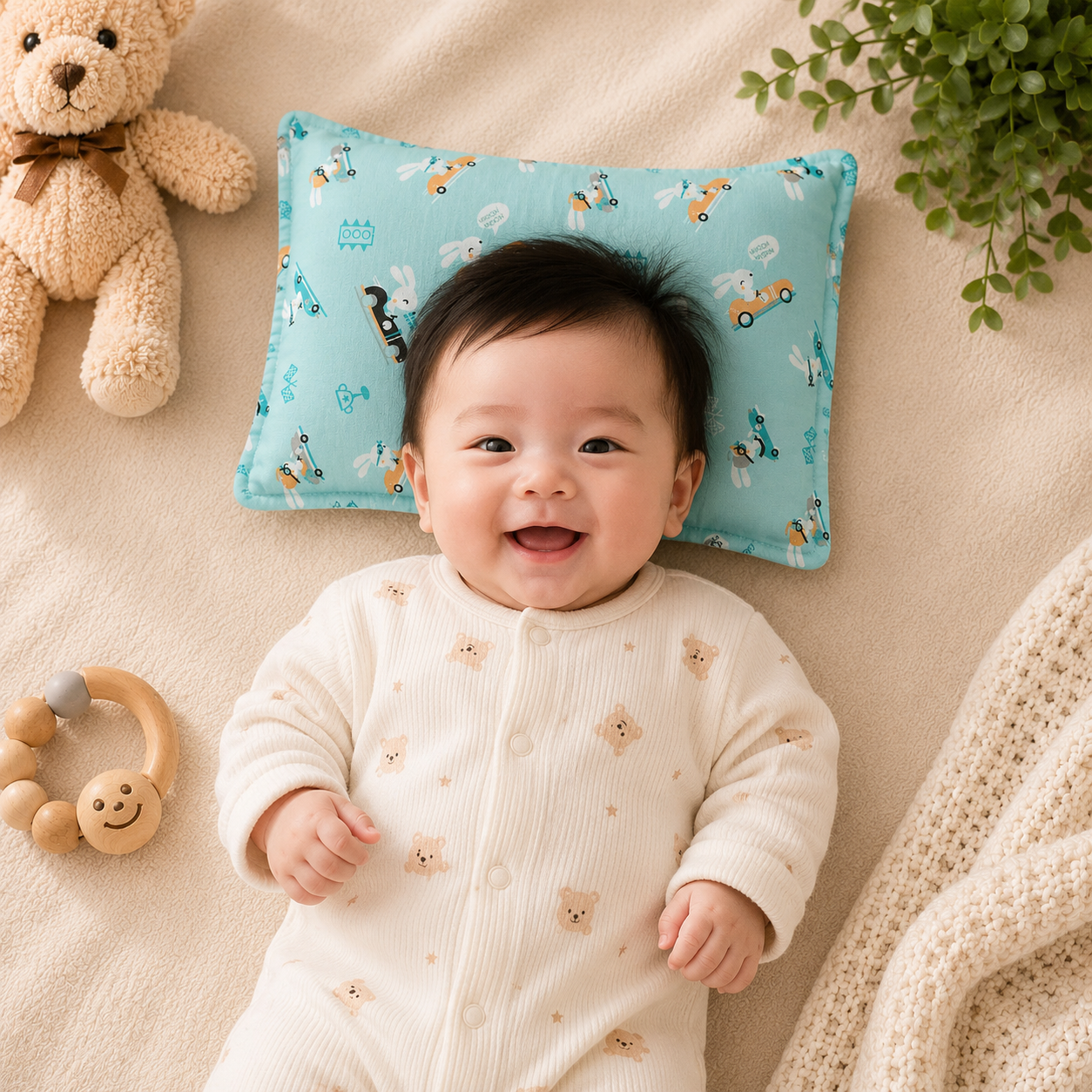 Smile Baby Mustard Pillow for Newborn & Infant Head Support | Soft Cotton Baby Pillow | Rabbit Car Print | Lightweight & Breathable Sleeping Pillow for Babies
