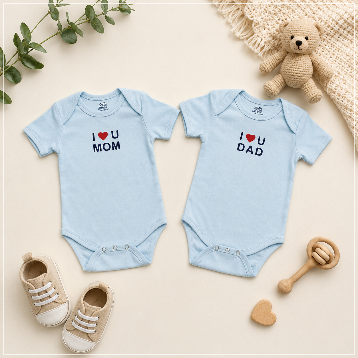 Smile Baby Baby Onesie Gift Set – I ❤️ U Mom & I ❤️ U Dad Printed Cotton Rompers for Newborn Babies (Pack of 2, Light Blue)