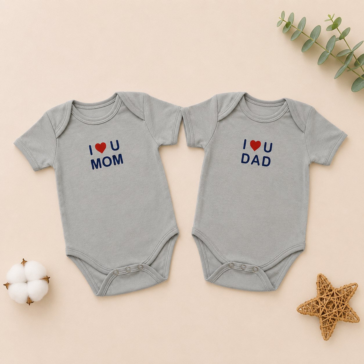 Smile Baby Grey Color I Love U Mom & I Love U Dad Baby Romper Set (0-6 Months) | Soft Cotton Half Sleeve Bodysuit Combo for Newborn Baby Boys & Girls