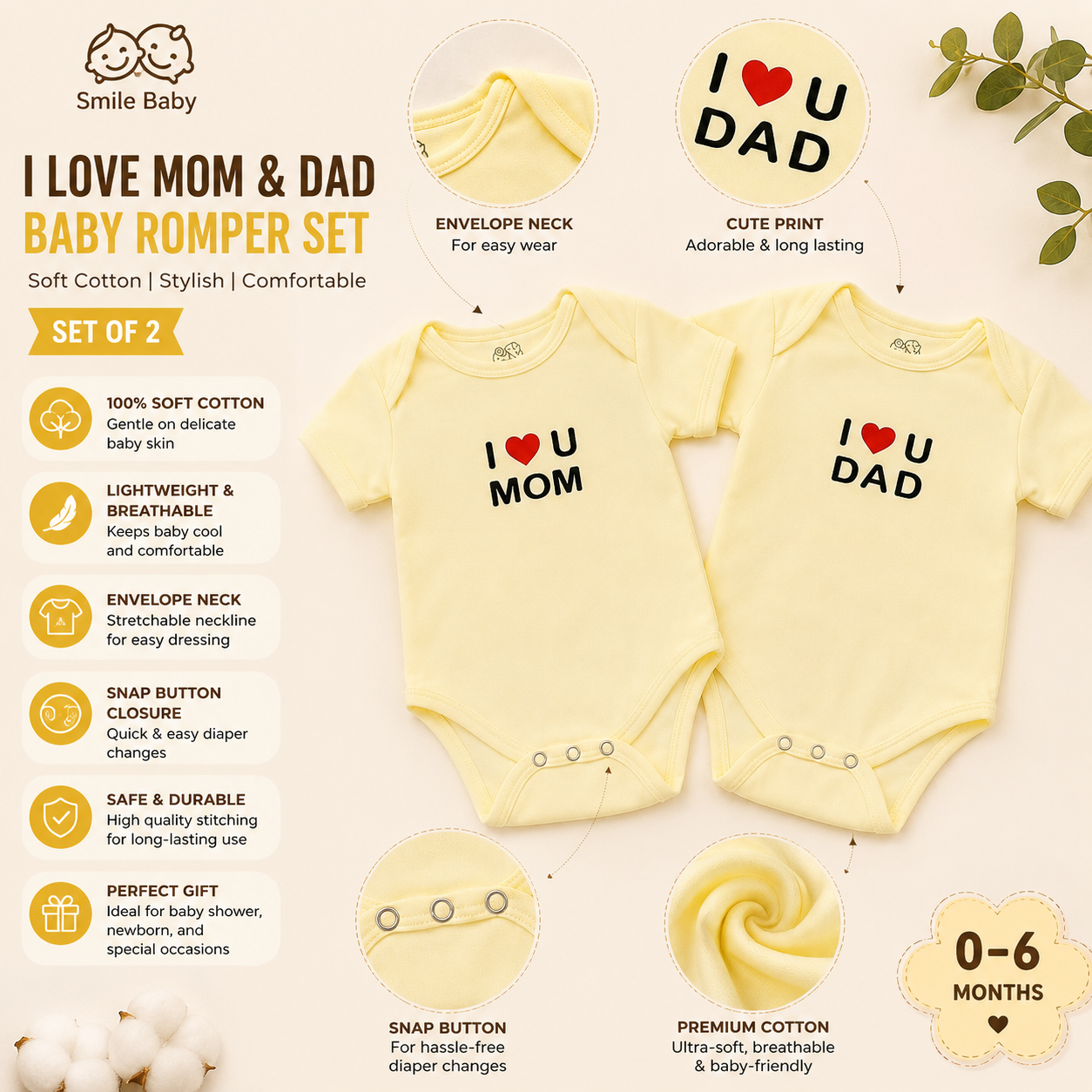 Smile Baby YELLOW I Love Mom & Dad Romper Set | Newborn Cotton Baby Bodysuit Combo Pack | Soft Half Sleeve Onesies for Babies 0-6 Months