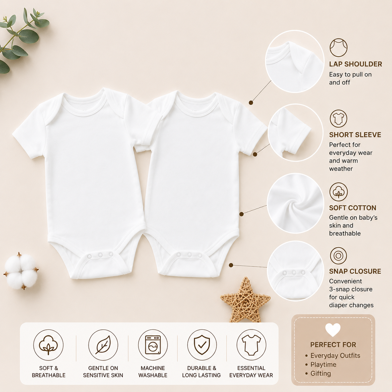 Smile Baby Unisex Baby Cotton Bodysuit Romper WHITE 3-6M (Pack of 2) – Soft & Comfortable Newborn Onesie