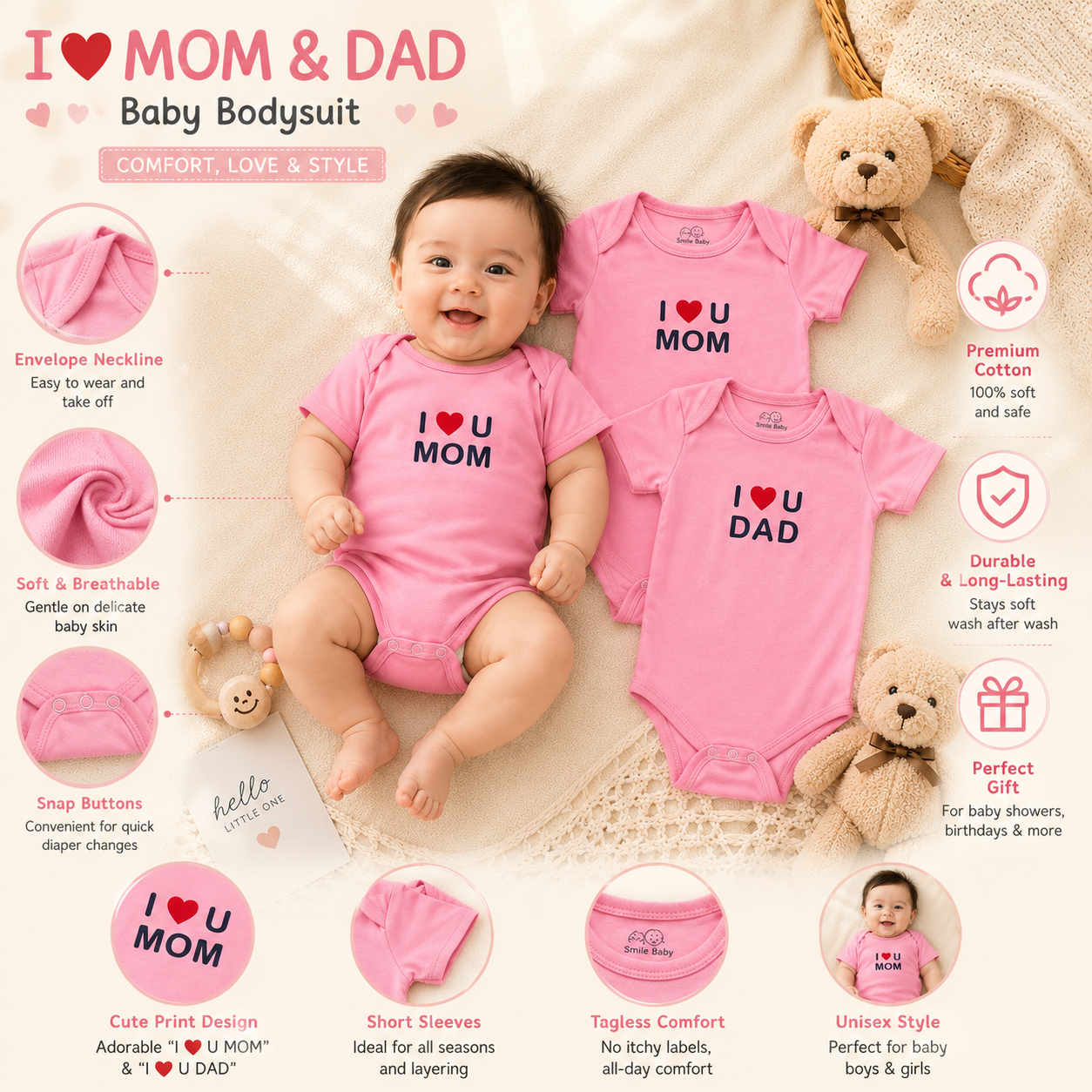 Smile Baby I Love Mom & Dad Baby Bodysuit Set – 2 Piece Pink Cotton Onesie Gift Set for Newborn Baby Girls & Boys