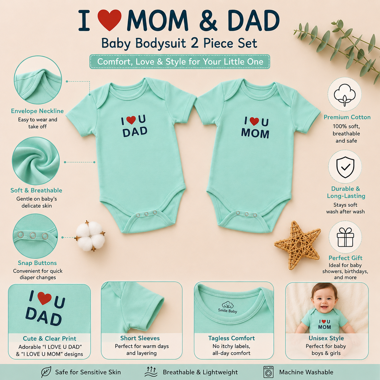 Smile Baby I Love Mom & Dad Baby Bodysuit Set – 2 Piece Mint Green Cotton Onesies for Newborn Boys & Girls