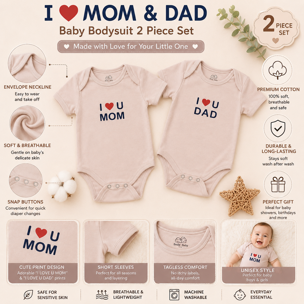Smile Baby I Love Mom & Dad Baby Bodysuit Set – 2 Piece Onion Cotton Onesies for Newborn Boys & Girls