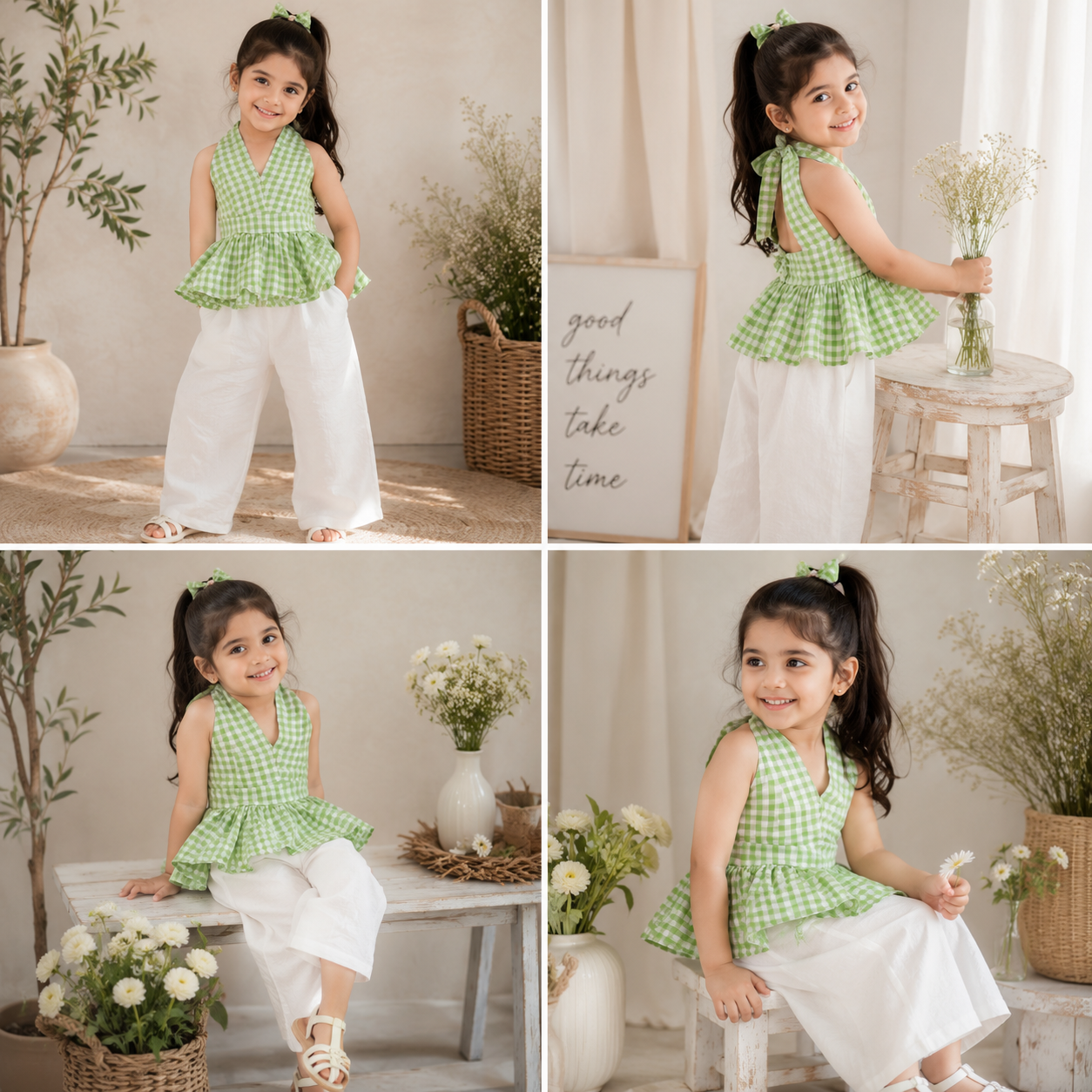 Smile Baby Girls Gingham Halter Top & Wide Leg Pant Co-Ord Set | Summer Casual Outfit | Green & Pink | 4-14 Years