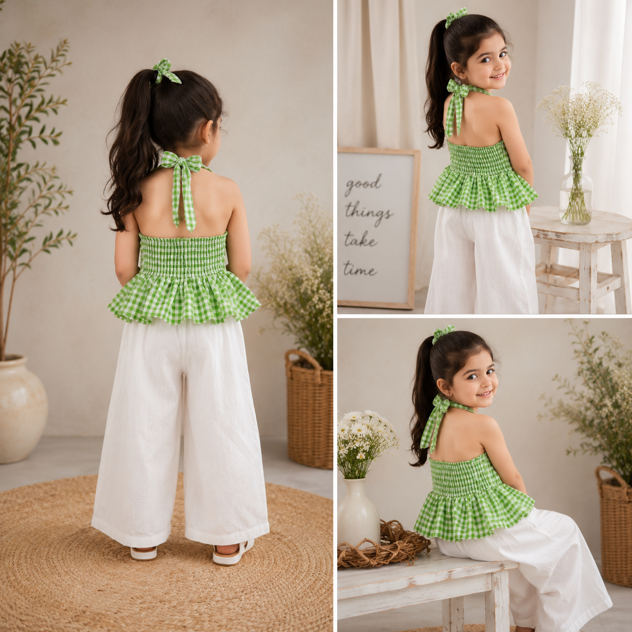 Smile Baby Girls Gingham Halter Top & Wide Leg Pant Co-Ord Set | Summer Casual Outfit | Green & Pink | 4-14 Years