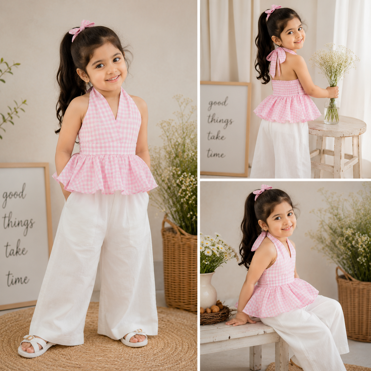 Smile Baby Girls Gingham Halter Top & Wide Leg Pant Co-Ord Set | Summer Casual Outfit | Green & Pink | 4-14 Years