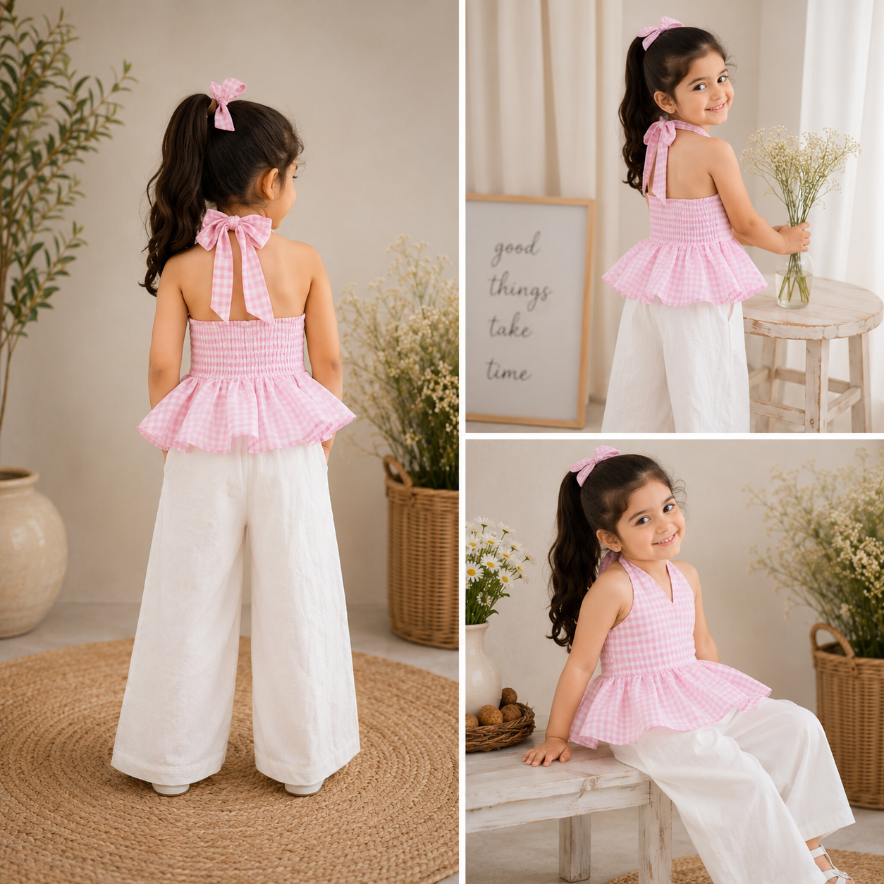 Smile Baby Girls Gingham Halter Top & Wide Leg Pant Co-Ord Set | Summer Casual Outfit | Green & Pink | 4-14 Years