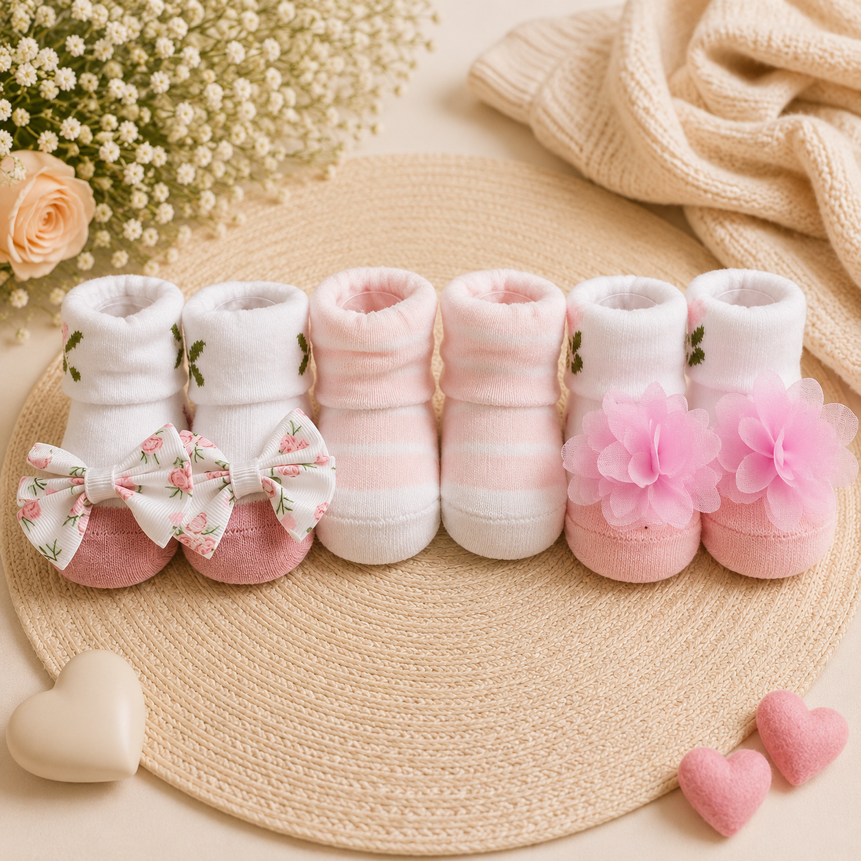 Smile Baby Newborn Baby Girl Socks Set of 3 Pairs | Soft Cotton Anti-Slip Infant Socks with Floral Bow & Flower Design | 0-12 Months