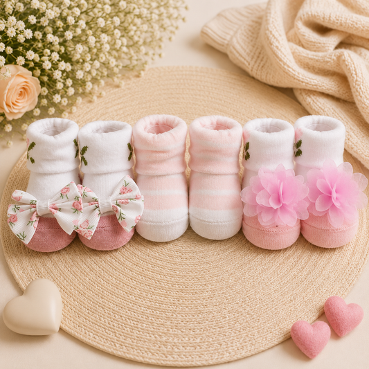 Smile Baby Newborn Baby Girl Socks Set of 3 Pairs | Soft Cotton Anti-Slip Infant Socks with Floral Bow & Flower Design | 0-12 Months