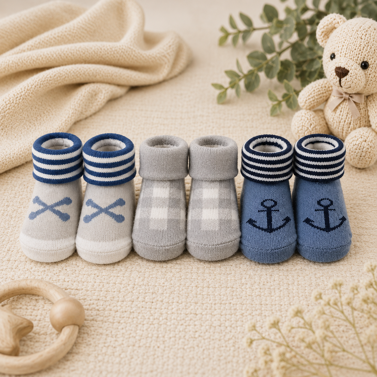 Smile Baby Baby Socks Set of 3 Pairs for Boys (0-9 Months) | Soft Cotton Anti-Slip Infant Socks | Nautical & Checkered Design