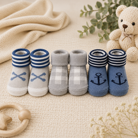 Smile Baby Baby Socks Set of 3 Pairs for Boys (0-9 Months) | Soft Cotton Anti-Slip Infant Socks | Nautical & Checkered Design