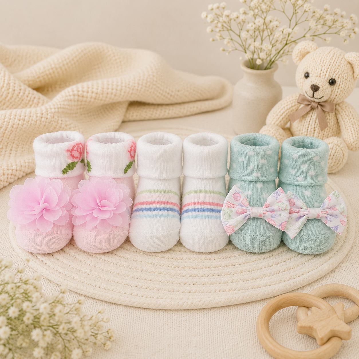 Smile Baby Girls Cotton Newborn Socks Gift Set – Pack of 3 Soft Anti-Slip Baby Socks with Flower & Bow Design | 0-12 Months