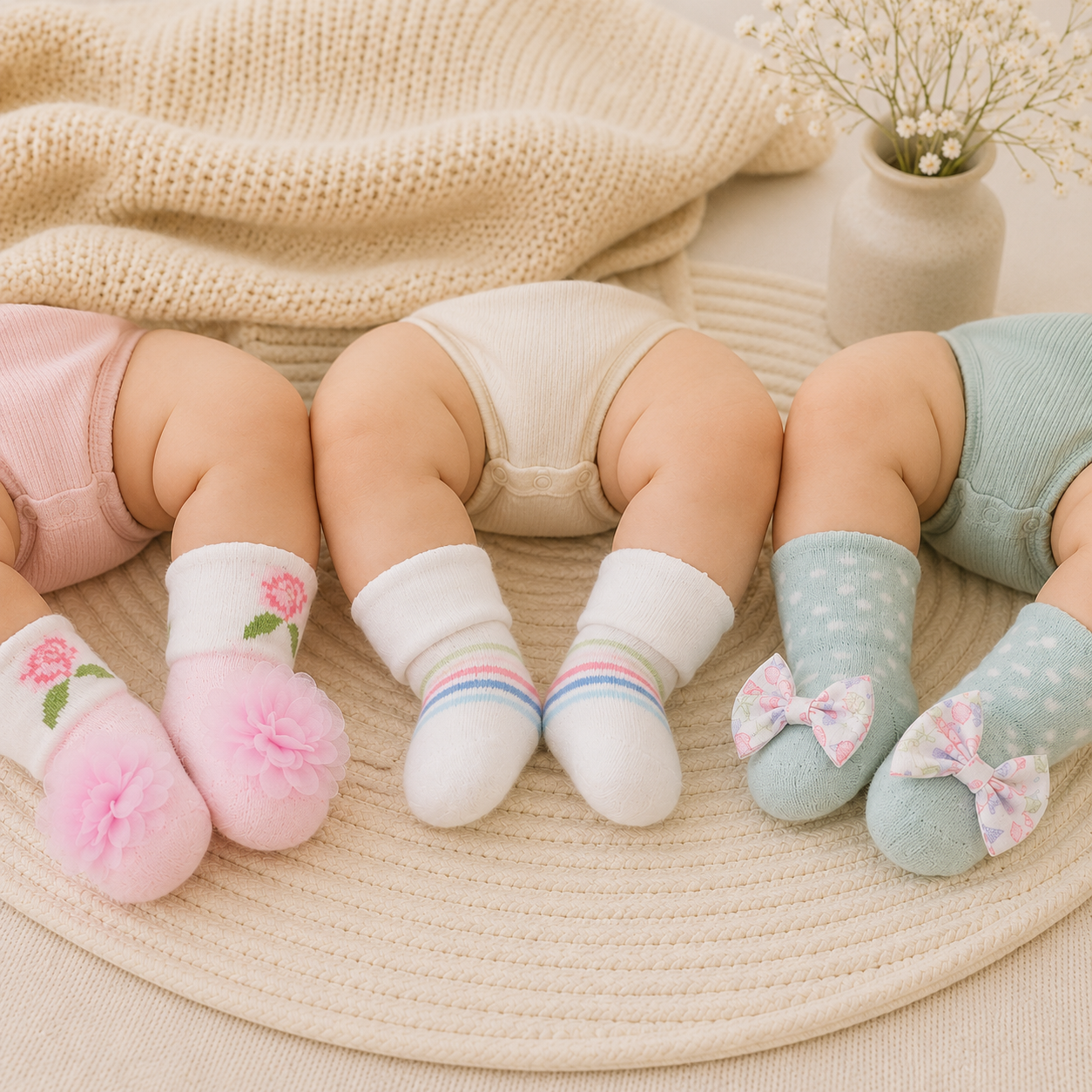 Smile Baby Girls Cotton Newborn Socks Gift Set – Pack of 3 Soft Anti-Slip Baby Socks with Flower & Bow Design | 0-12 Months