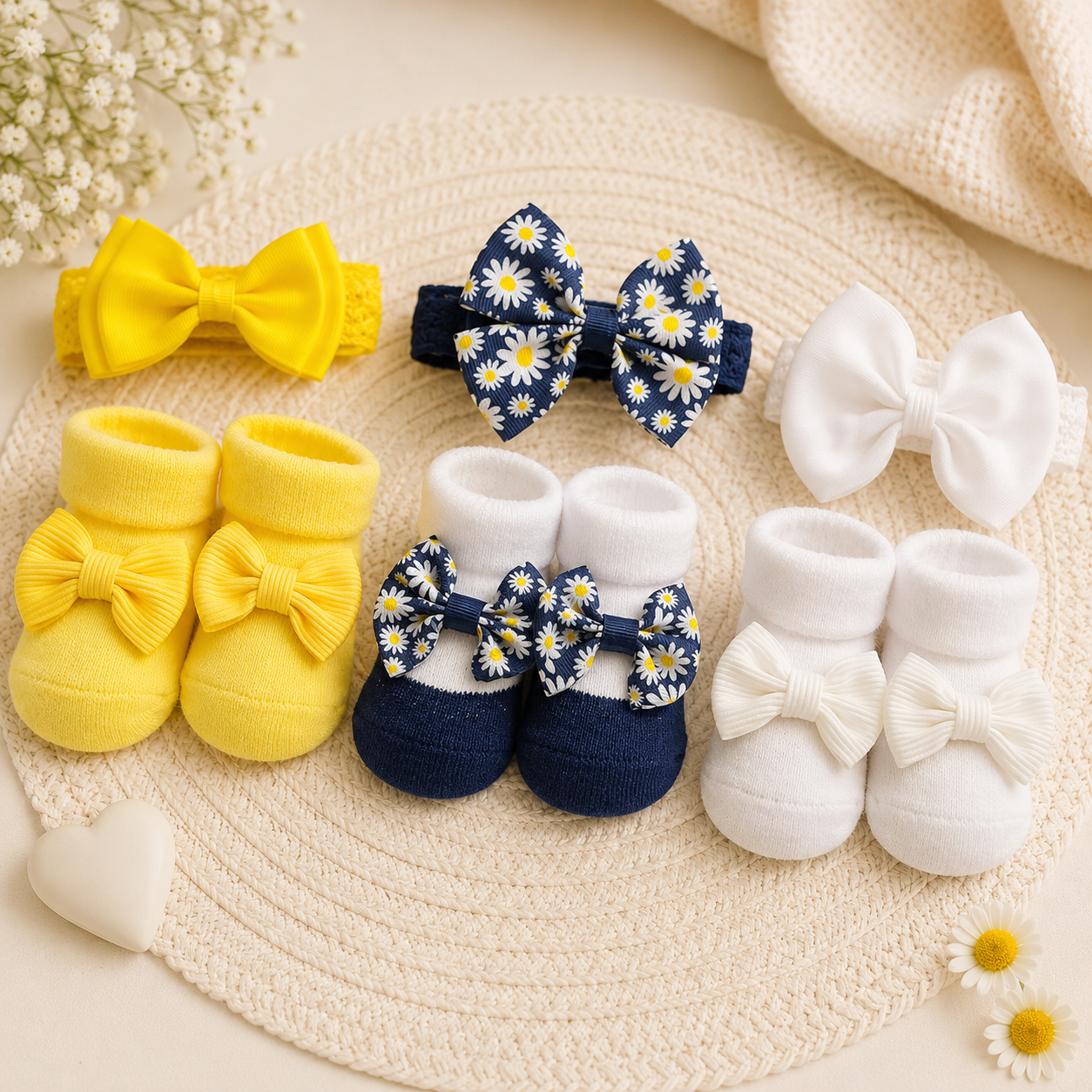 Smile Baby Baby Girl Headband & Socks Set | Soft Cotton Bow Socks with Matching Yellow Headband | Newborn Gift Set | 0–9 Months