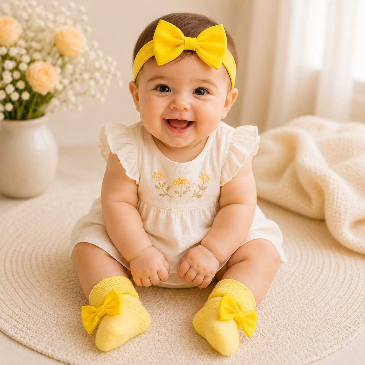 Smile Baby Baby Girl Headband & Socks Set | Soft Cotton Bow Socks with Matching Yellow Headband | Newborn Gift Set | 0–9 Months