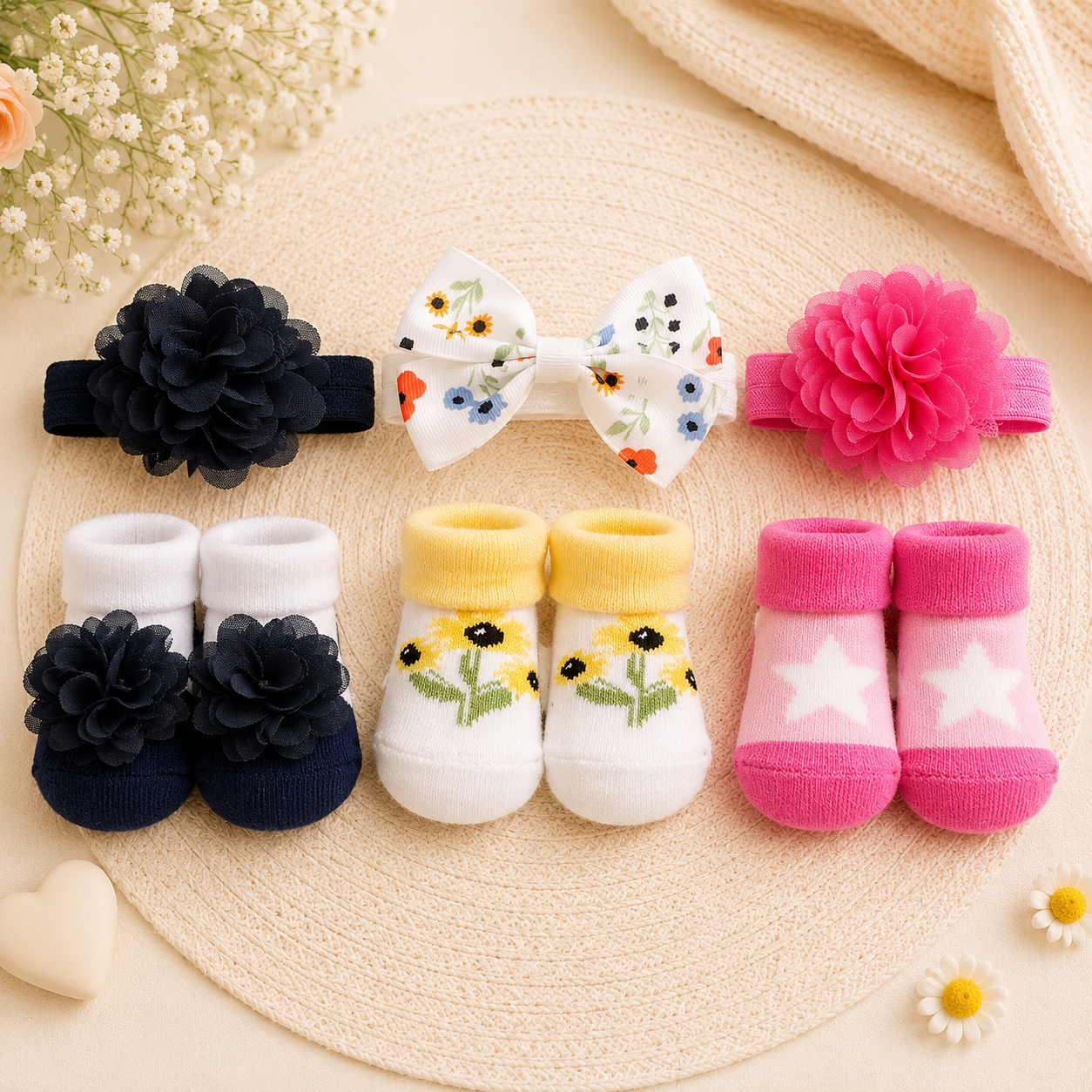 Smile Baby Baby Girl Floral Headband & Socks Set | Soft Cotton Sunflower Socks with Matching Printed Bow Headband | Newborn Gift Set | 0–9 Months