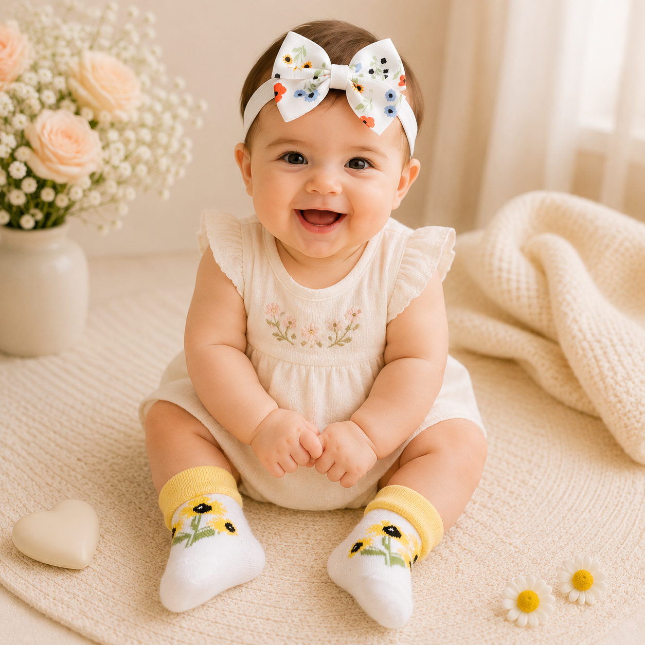 Smile Baby Baby Girl Floral Headband & Socks Set | Soft Cotton Sunflower Socks with Matching Printed Bow Headband | Newborn Gift Set | 0–9 Months