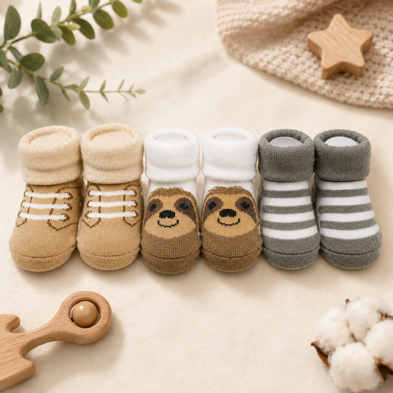 Baby Boys Cotton Ankle Socks Set (3 Pairs) – Bear, Shoe & Stripe Design | Soft & Breathable Newborn Socks | 0-9 Months